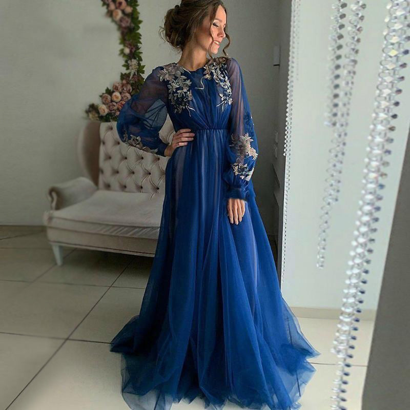 Scoop Royal Blue Lace Chiffon Long Bridesmaid Dress With Half Sleeves - Etsy